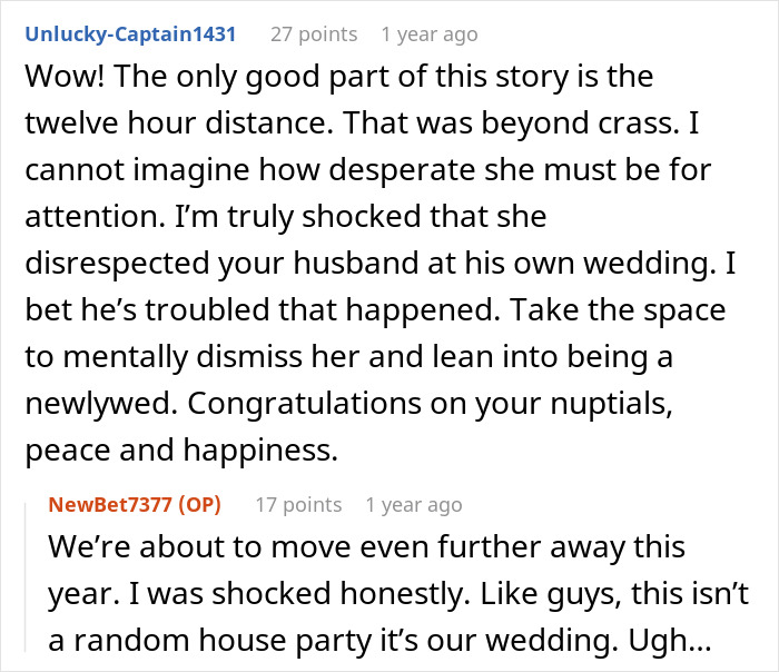 Screenshot of a Reddit comment regarding a MIL turning a rehearsal dinner into a spectacle, causing the bride to walk away. Screenshot of a Reddit comment regarding a MIL turning a rehearsal dinner into a spectacle, causing the bride to walk away.