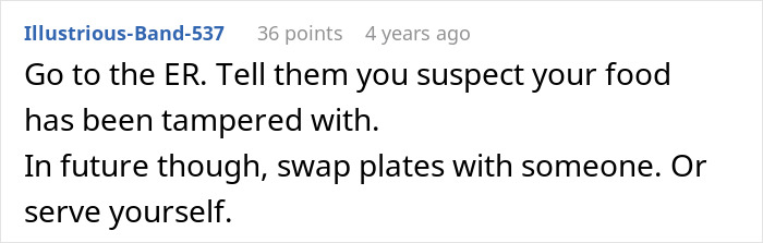 A Reddit comment advises seeking medical attention for violent sickness and to swap plates or serve oneself at MIL's birthday dinner.