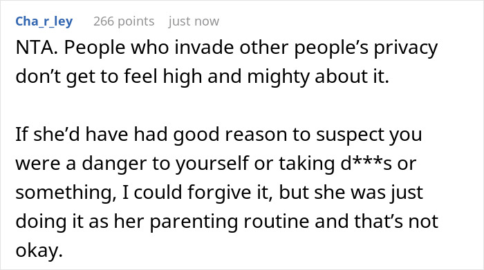 A comment supporting the teen in the story, stating that a religious mom snooping in her teen's room is not okay.
