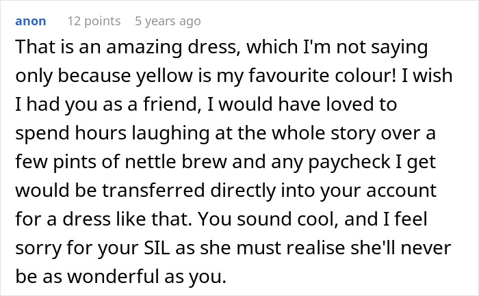 Conversation praising an amazing elaborate wedding dress and expressing sympathy for sister-in-law situation