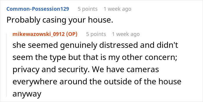 A Reddit thread comment expressing concern about an anxious neighbor and house privacy/security. A Reddit thread comment expressing concern about an anxious neighbor and house privacy/security.