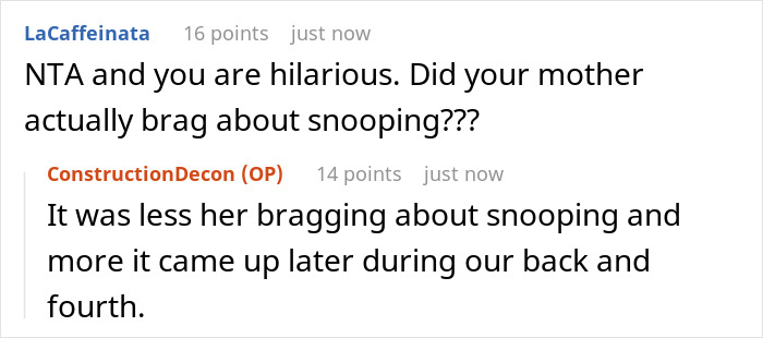 A screenshot of a Reddit comment discussing a religious mom bragging about snooping in teen's room.