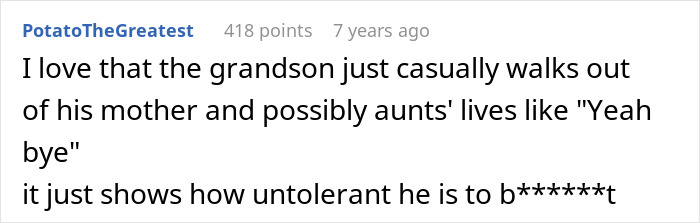 A comment noting a grandson's casual exit from the lives of his mother and aunts after the funeral shaming. A comment noting a grandson's casual exit from the lives of his mother and aunts after the funeral shaming.
