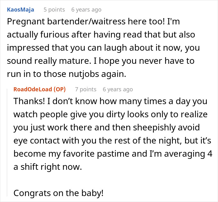 A Reddit comment from KaosMaja supporting a pregnant woman working in a pub, sharing her own experience as a pregnant bartender.