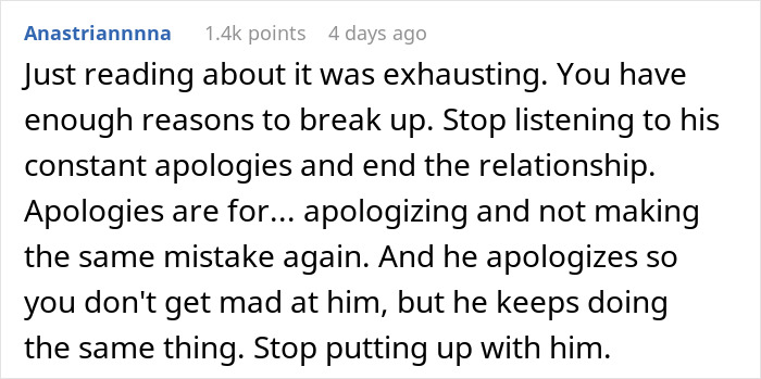 Screenshot of Reddit comment about a woman sick of talkative fiancé who craves strangers attention and calls it quits. Screenshot of Reddit comment about a woman sick of talkative fiancé who craves strangers attention and calls it quits.