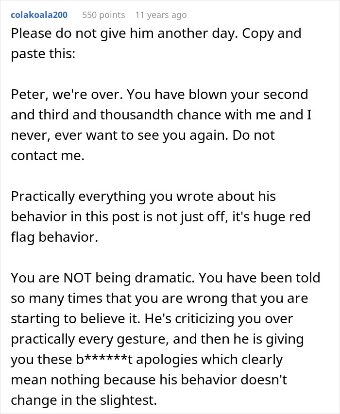A Reddit comment detailing a letter to break up with the toxic guy due to his jealousy and rules.