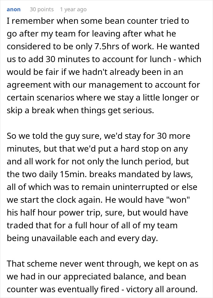 A comment describing how a team and a new hire dealt with management's illegal shenanigans regarding unpaid work time.