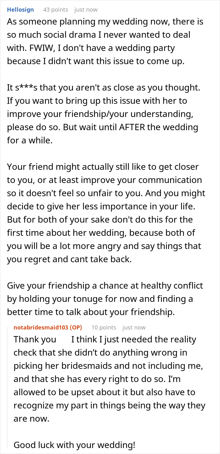 A screenshot of a Reddit comment section with a user named Hellosign discussing a friendship ending after not being a bridesmaid.