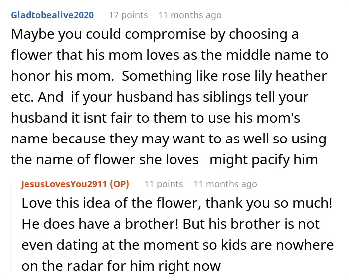 A screenshot of a Reddit comment section with a user suggesting a flower name to honor his mom, as the wife feels unhonored.