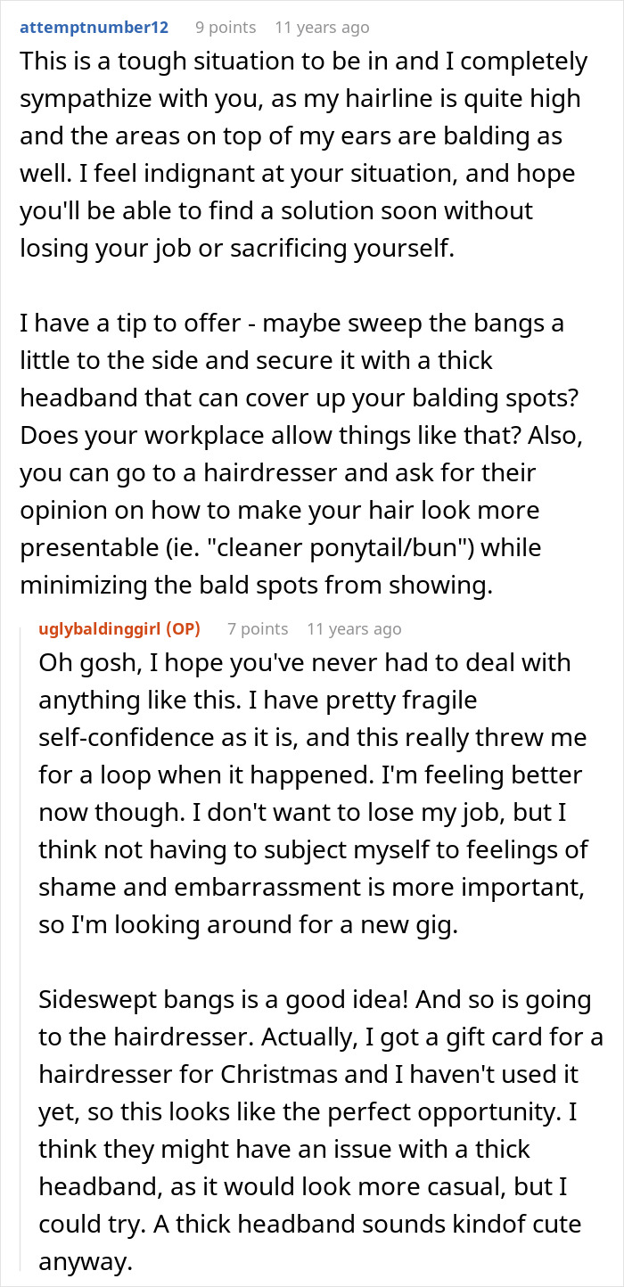 A Reddit user sympathizing with a woman's struggle with messy hair and offering solutions for her job.