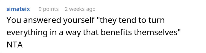 A comment highlights the self-serving nature of family assuming a new home will be their abode.