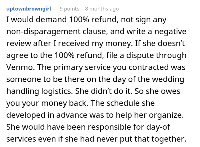 Demanding full refund and writing negative reviews for wedding coordination failure