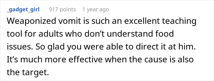A comment suggesting weaponized vomit is an excellent teaching tool for adults who don't understand food issues.