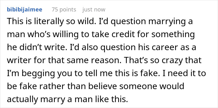 A Reddit comment questioning marrying a man who wants his name on an author GF's book.