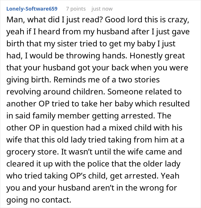 Lengthy comment supporting no contact after half-sister's baby claim Lengthy comment supporting no contact after half-sister's baby claim