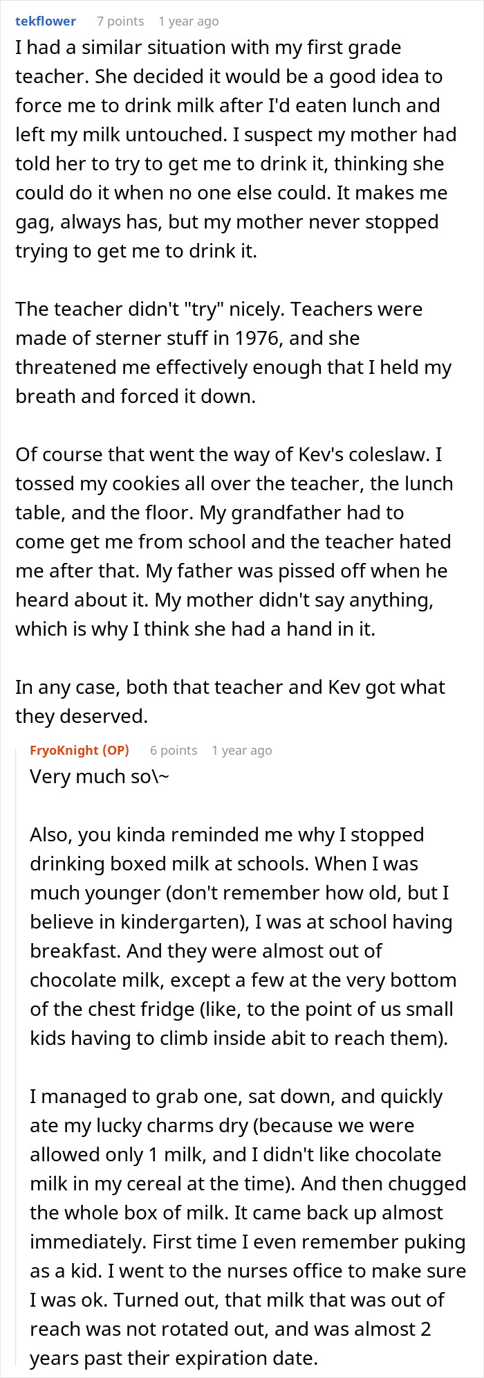 A long comment detailing past experiences with a food issue, including a teacher forcing milk and a school milk incident.