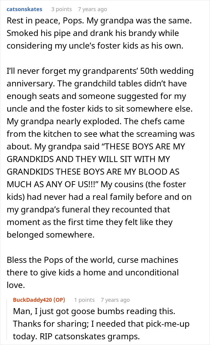 A comment describing a grandpa's love for his foster grandchildren at a family funeral, shaming his relatives. A comment describing a grandpa's love for his foster grandchildren at a family funeral, shaming his relatives.