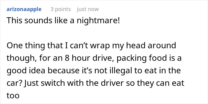 A comment about a bachelorette party nightmare and the logistics of eating during an 8-hour drive. A comment about a bachelorette party nightmare and the logistics of eating during an 8-hour drive.
