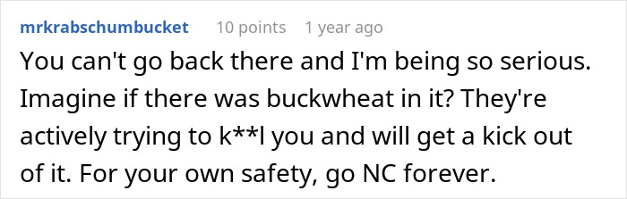 A comment warning about the dangers of a mom tricking daughter into eating gluten free food and the need for safety.