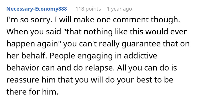 A comment about a woman's gaming problem, warning about potential relapse in addictive behavior.