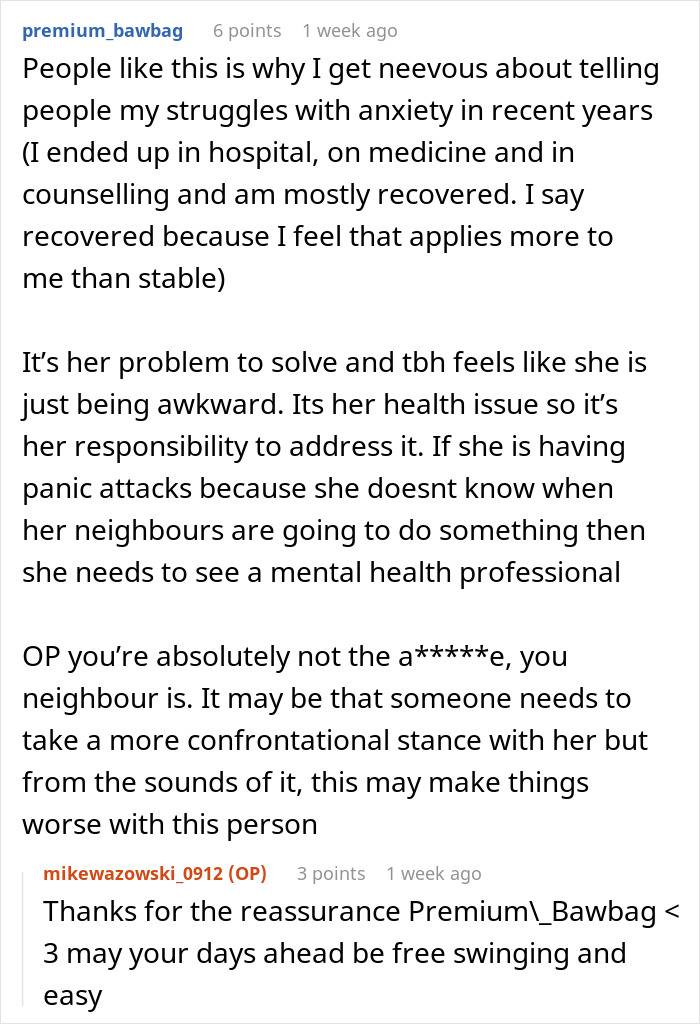 A Reddit thread comment about dealing with an anxious neighbor and mental health struggles. A Reddit thread comment about dealing with an anxious neighbor and mental health struggles.