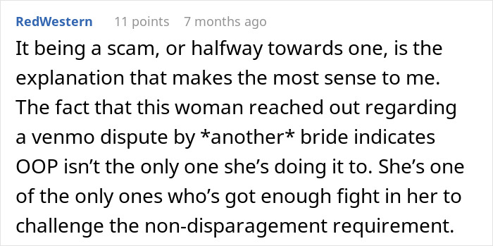 Comment discussing wedding coordinator scam suspicions and non-disparagement challenge