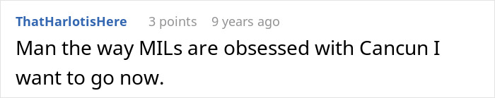 A comment about a woman's drunken tantrum, mentioning MILs and Cancun for a honeymoon trip.