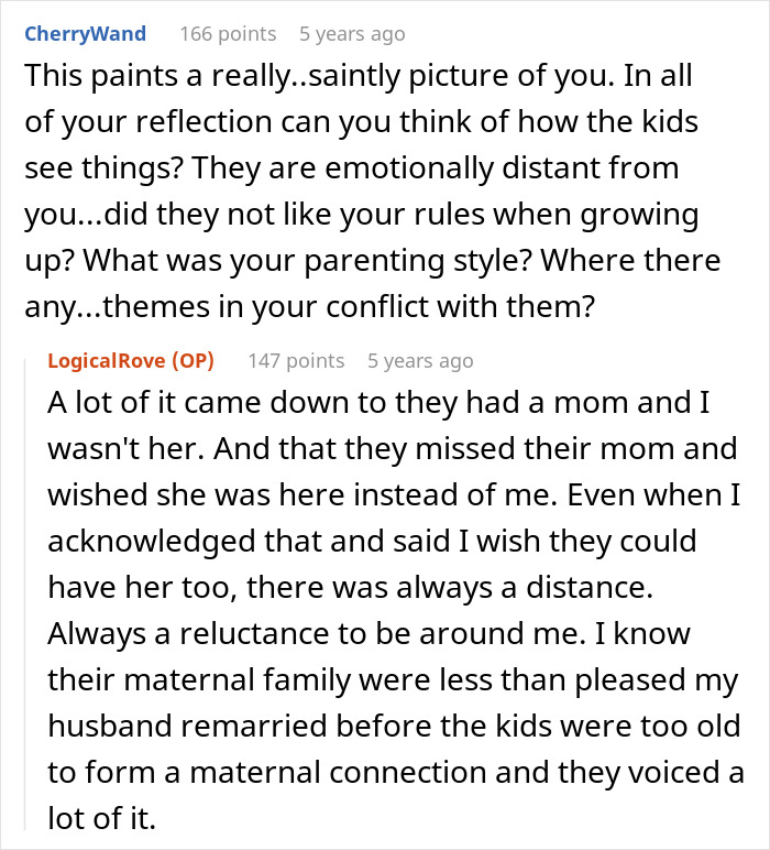 Reddit comments reflecting on emotional distance from stepkids and parenting