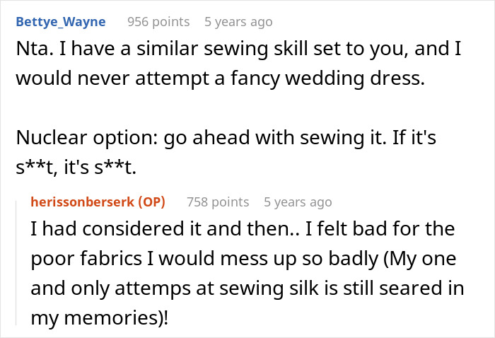Similar sewing skill set expressed and hesitance to sew fancy wedding dress