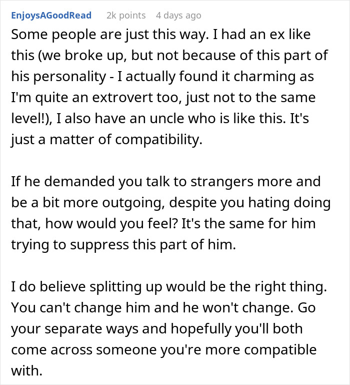 Screenshot of Reddit comment about a woman sick of talkative fiancé who craves strangers attention. Screenshot of Reddit comment about a woman sick of talkative fiancé who craves strangers attention.