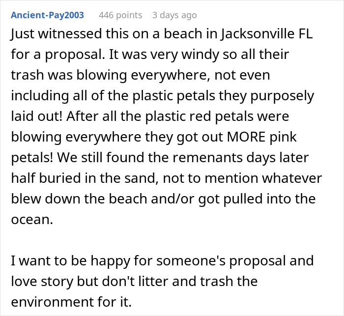 Witness account of fake plastic petals littering Jacksonville beach after proposal causing environmental issues