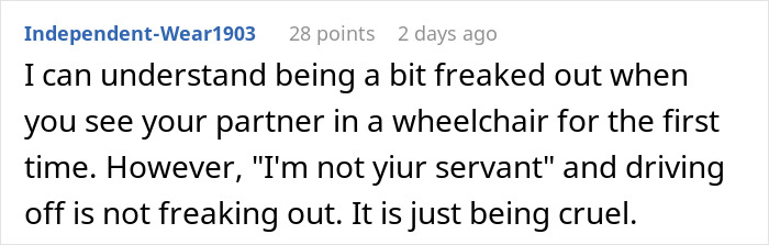 Comment explaining shock from partner in wheelchair and condemning cruel behavior Comment explaining shock from partner in wheelchair and condemning cruel behavior