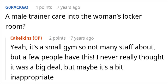 A user comment asks about a male trainer in a women's locker room in the Kid Steals Woman's Hair Towel story. A user comment asks about a male trainer in a women's locker room in the Kid Steals Woman's Hair Towel story.