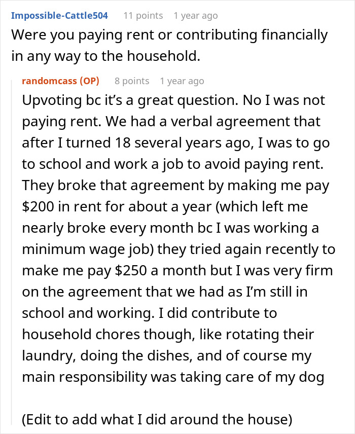 A woman leaving home for refusing to follow a rule, discussing a rent agreement with her parents.