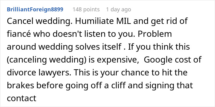 Comment suggesting canceling wedding due to fianc&eacute; ignoring concerns