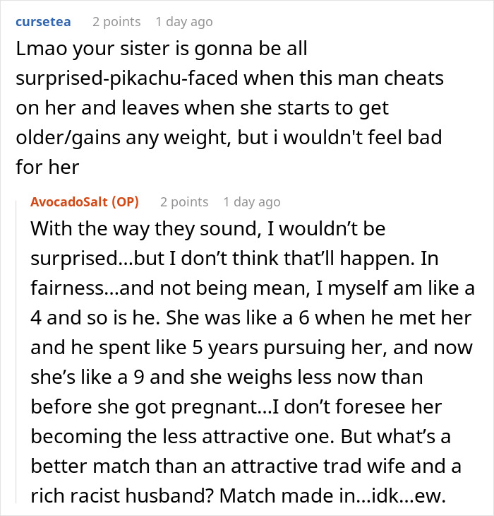 A comment about a woman marrying into a racist family, and her sister defending them. It discusses her transformation. A comment about a woman marrying into a racist family, and her sister defending them. It discusses her transformation.