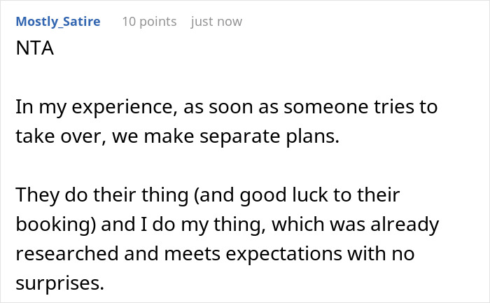 A Reddit comment about making separate plans when parents try to take over, referring to parents hijacking son's family vacation plans. A Reddit comment about making separate plans when parents try to take over, referring to parents hijacking son's family vacation plans.