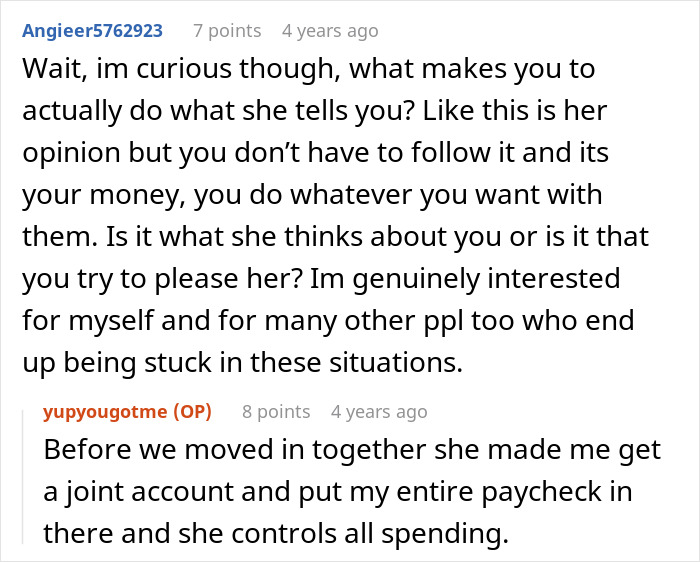 A comment asks why he obeys her, with the original poster explaining the joint account and control of money, related to his fiancée. A comment asks why he obeys her, with the original poster explaining the joint account and control of money, related to his fiancée.