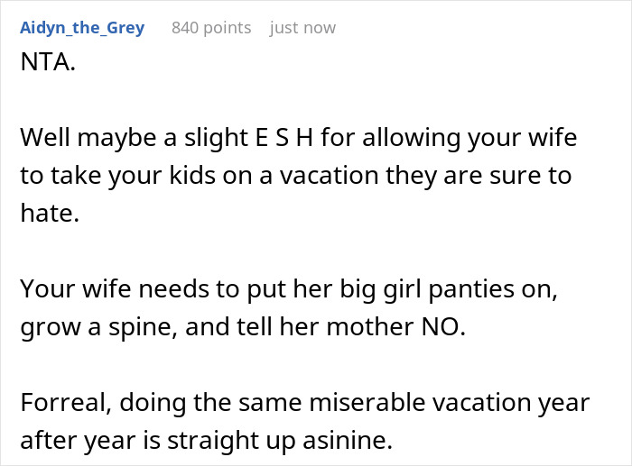 A screenshot of a comment about a husband's feelings regarding a dreaded annual family trip with in-laws.