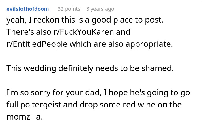 Comment suggesting shaming a disruptive wedding and mentioning Karen and entitled behavior Comment suggesting shaming a disruptive wedding and mentioning Karen and entitled behavior