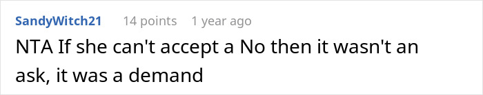 A comment about the brother's fiancée's tantrum over a dress, stating it was a demand, not an ask. A comment about the brother's fiancée's tantrum over a dress, stating it was a demand, not an ask.