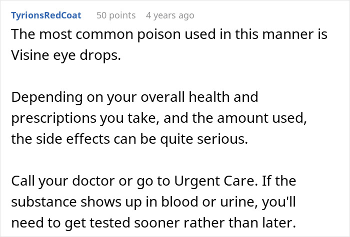A Reddit comment mentioning Visine eye drops as a common poison if someone gets violently sick.