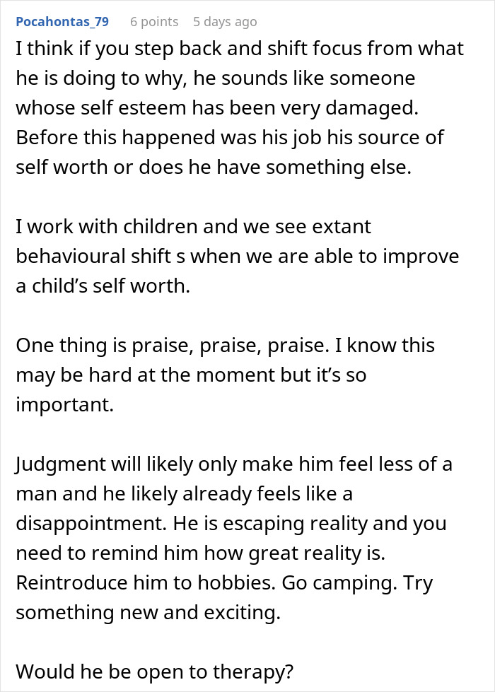 Detailed comment on self-esteem and therapy for unemployed man Detailed comment on self-esteem and therapy for unemployed man