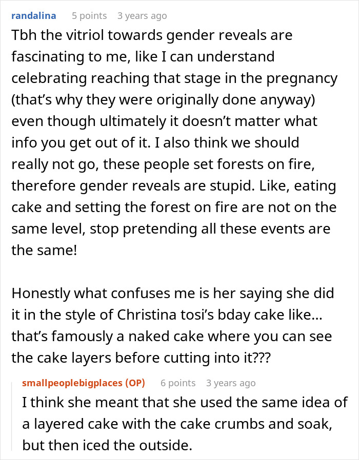 Reddit comments discussing opinions on gender reveal parties and cakes Reddit comments discussing opinions on gender reveal parties and cakes