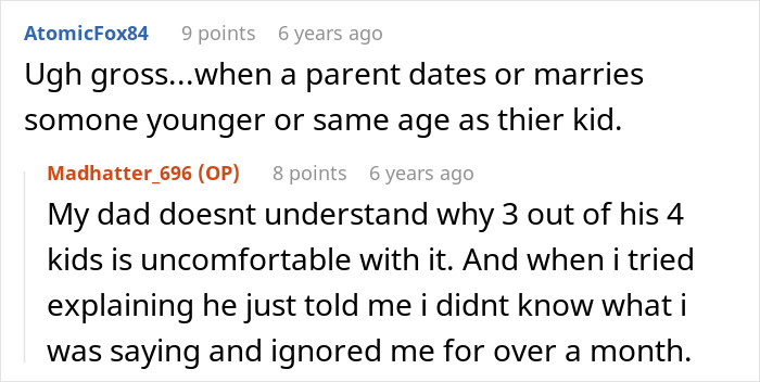 A Reddit comment about a dad's dating choices, related to a bride inviting ex-stepmom to her wedding.