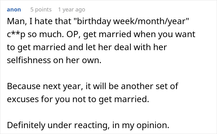 An online comment advising the daughter to get married when she wants, not waiting for the mom's birthday celebration. An online comment advising the daughter to get married when she wants, not waiting for the mom's birthday celebration.