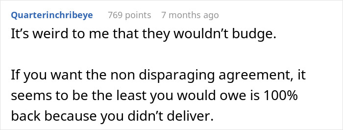 Comment noting the refusal to budge on refund after wedding coordinator failed to deliver