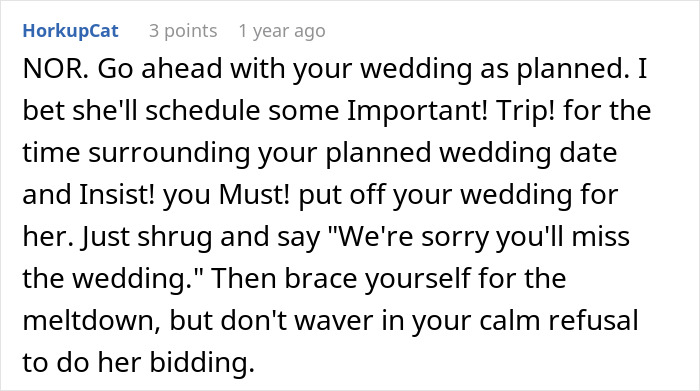 A comment advises a daughter to proceed with her wedding, despite mom wanting a birthday year. A comment advises a daughter to proceed with her wedding, despite mom wanting a birthday year.