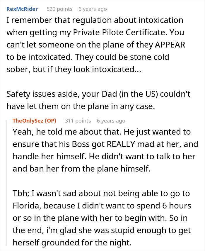 Reddit comments discussing pilot intoxication regulations and parenting Reddit comments discussing pilot intoxication regulations and parenting