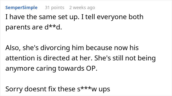 A comment relating to a similar situation where a stepdaughter is not cared for, and the mom divorcing due to the husband's new focus on her. A comment relating to a similar situation where a stepdaughter is not cared for, and the mom divorcing due to the husband's new focus on her.